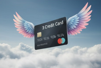 Premium credit card with wings flying over clouds representing high credit score benefits